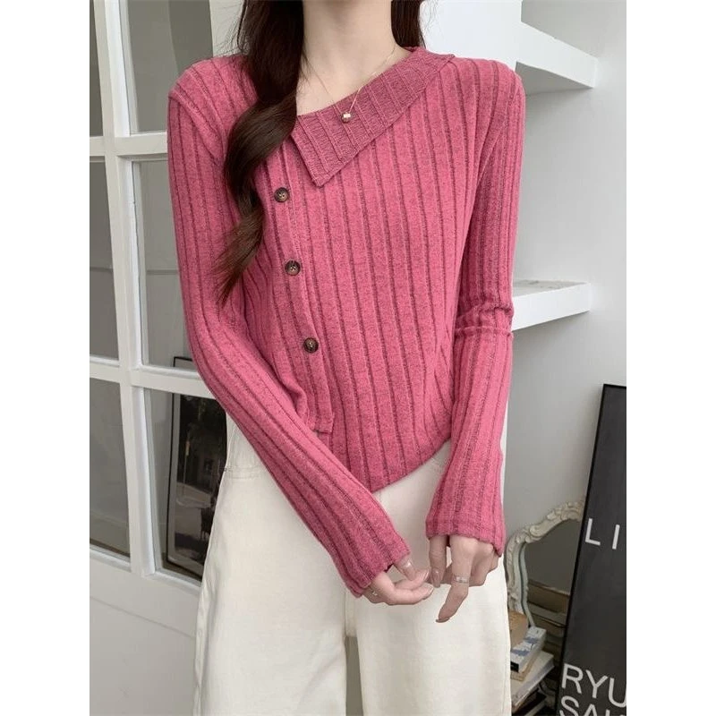 春季设计感不规则长袖针织衫女装灰色休闲通勤修身打底衫上衣