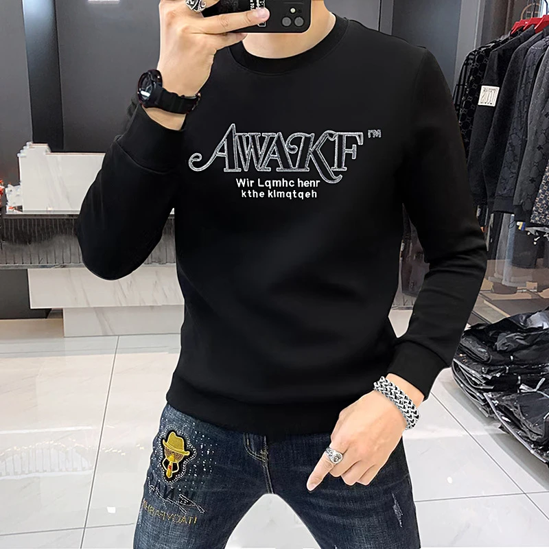 欧洲站圆领卫衣男2024新款秋冬季潮牌字母烫钻男士套头上衣欧货