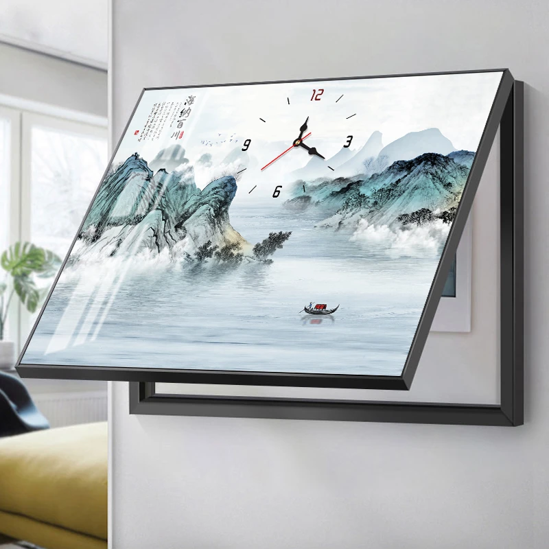 山水画电表箱遮挡挂画免打孔带钟表配电箱电闸盒壁画装饰画新中式