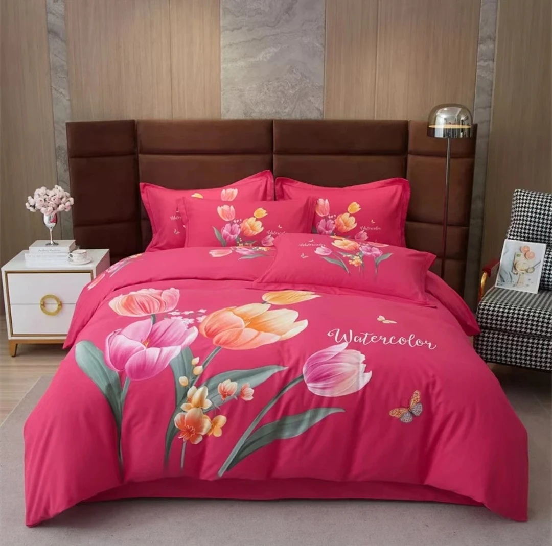 凌凌家纺新款纯棉四件套一往情深玫红轻奢时尚亲肤加厚斜纹被套