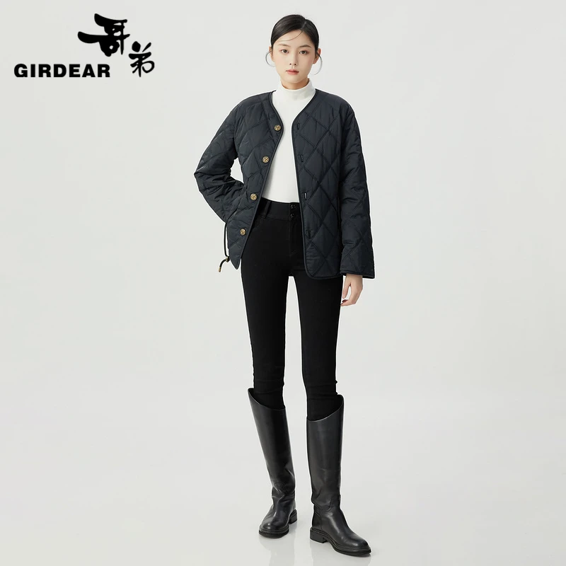 哥弟热感力宽松轻薄新雪丽菱格绗缝长袖单排扣棉服外套女1400648