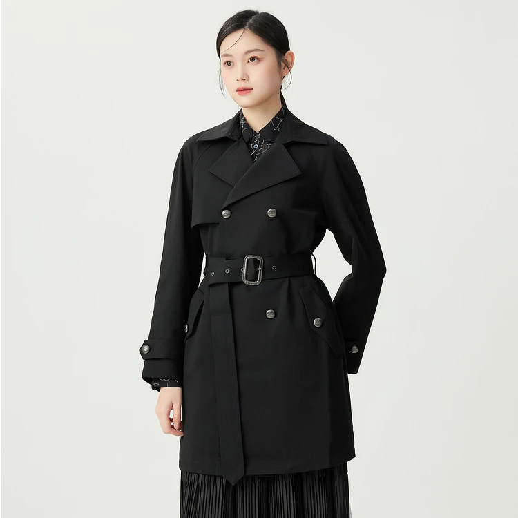哥弟新款女装百搭质感大气经典双排扣中长款腰带风衣外套1400666