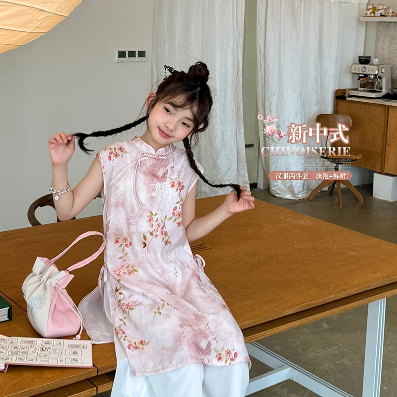 【菲菲家】女童2024夏季新款中大童新中式汉服旗袍裤裙两件套QZ020