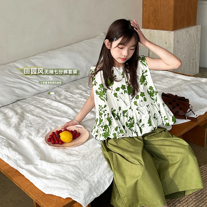 【菲菲家】女童2024夏季新款中大童碎花无袖上衣七分裤套装WS073