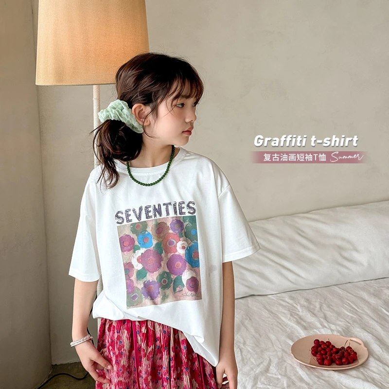 【菲菲家】女童短袖T恤2024夏季新款复古油画印花上衣SY300