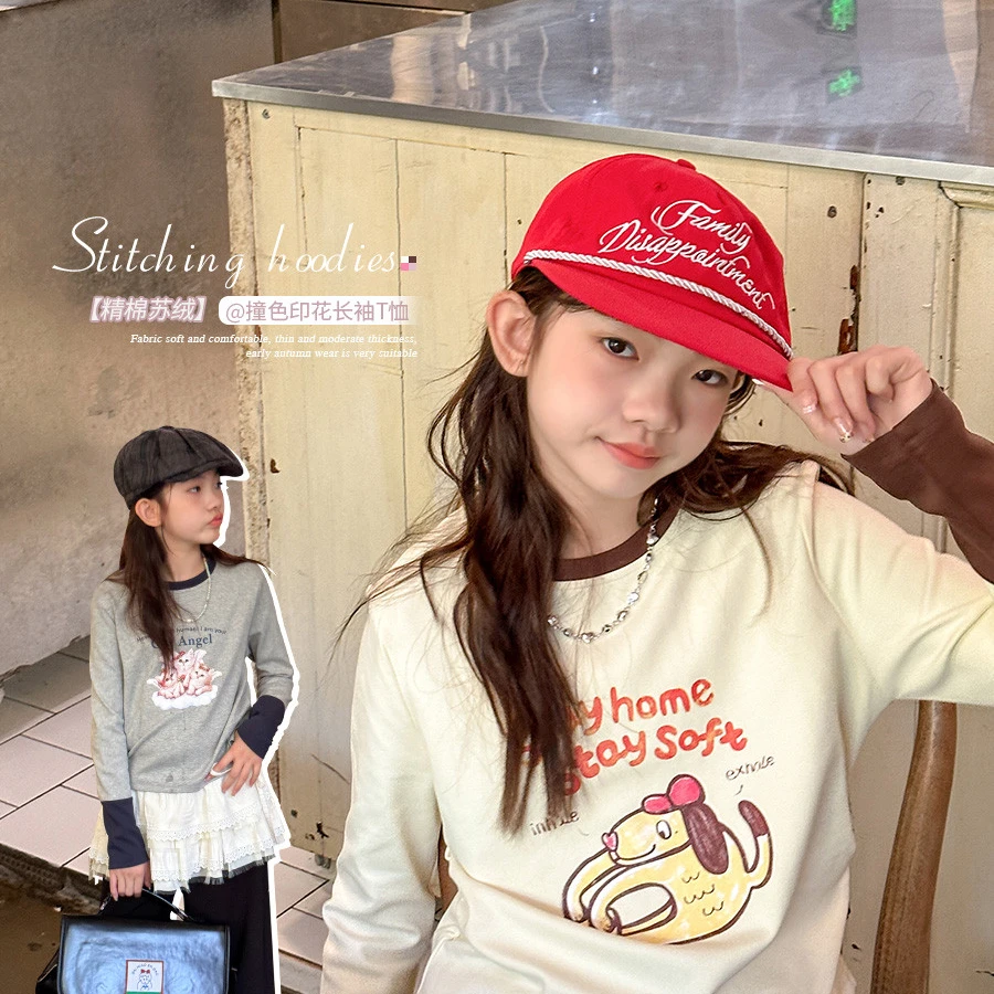 女童上衣2024秋季新款卡通印花袖口时尚撞色长袖T恤SY587