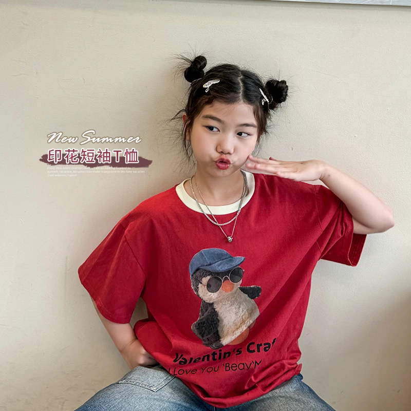 【菲菲家】女童2024夏季新款红色卡通印花短袖T恤SY271