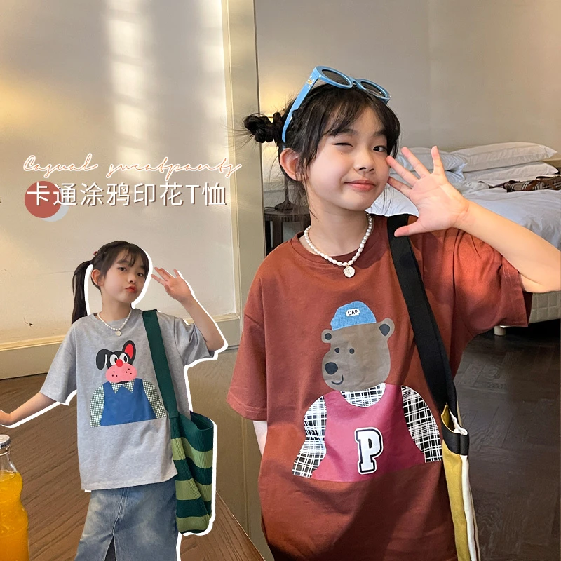 女童短袖T恤2023夏季新款韩版宽松女中大童卡通印花百搭T恤TX319