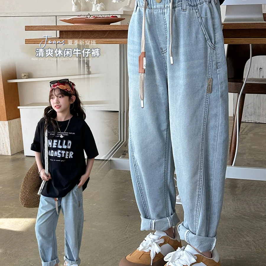 女童牛仔裤宽松夏季2024新款儿童立体百搭浅色休闲裤子KZ128