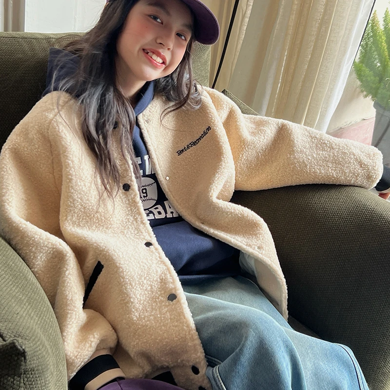 女童毛毛外套秋冬2024新款儿童宽松休闲棒球服夹克上衣百搭WS233