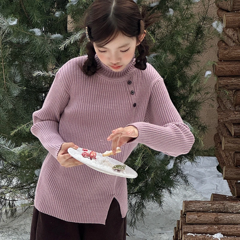 女童针织衫毛衣秋冬2024新款高领软糯针织开叉设计童装上衣MS801