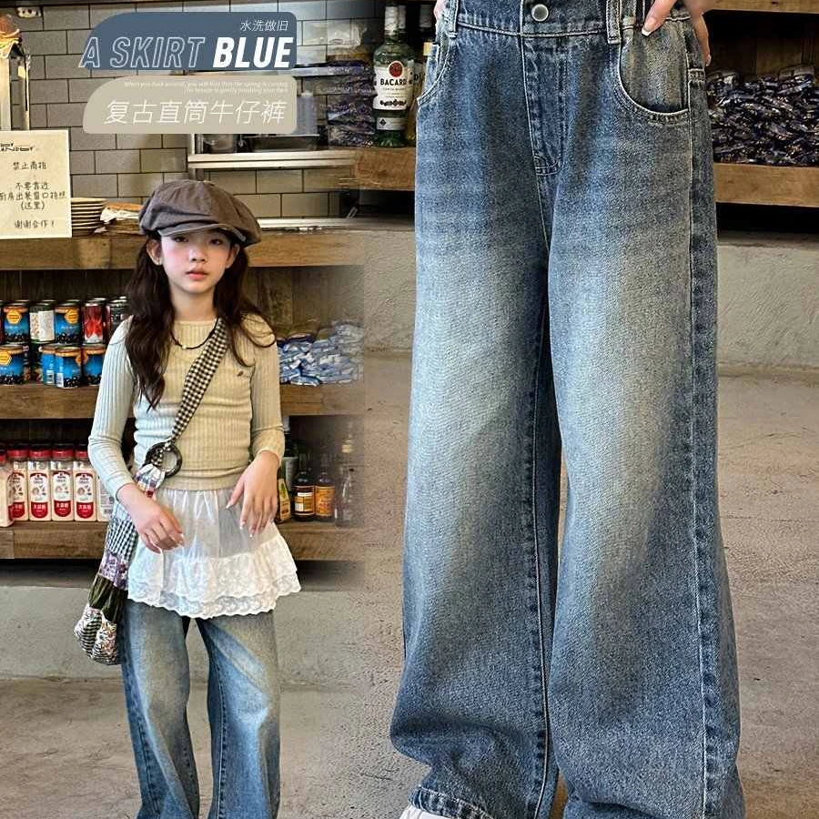 女童牛仔裤直筒秋季2024新款浅色水洗软牛仔百搭休闲裤子KZ255