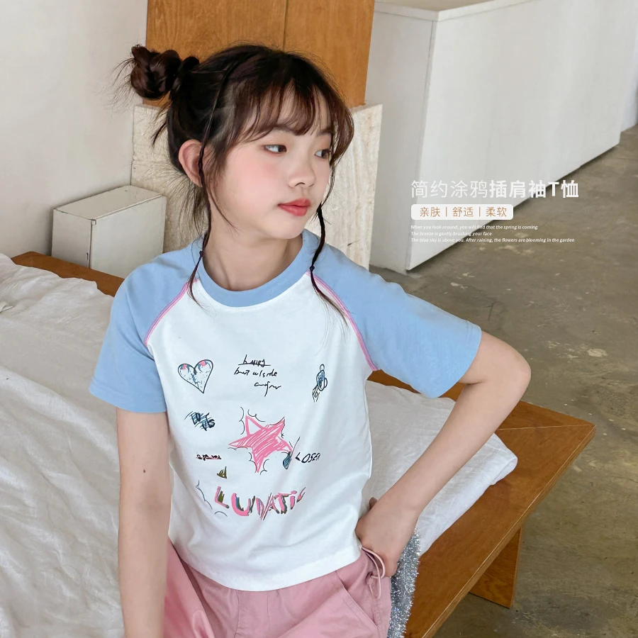 女童短袖T恤夏2024新款儿童洋气修身短款手绘印花上衣SY318