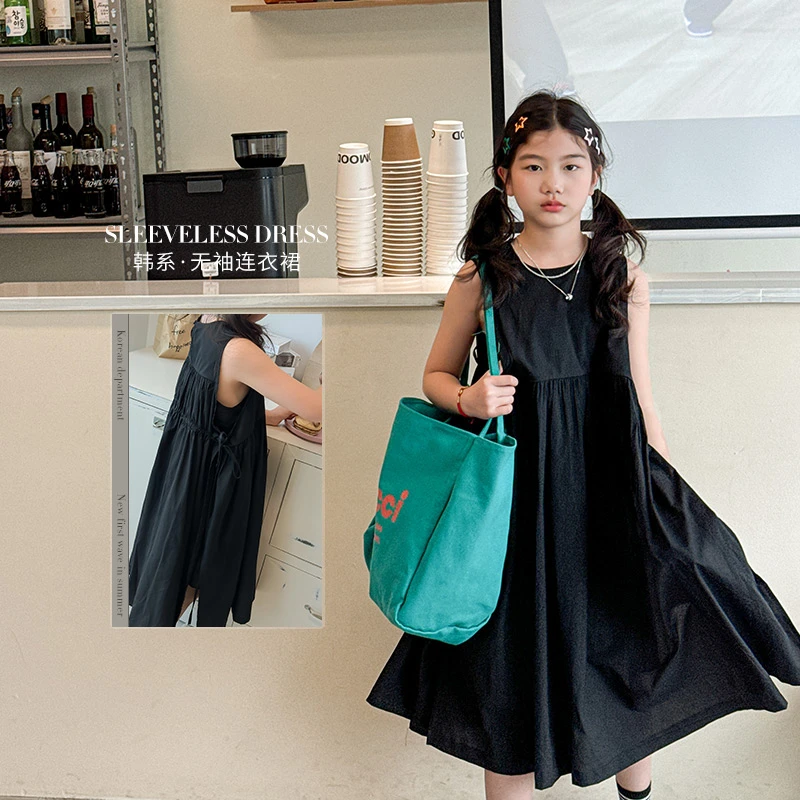 【菲菲家】女童裙子2024新款气质黑色韩系无袖连衣裙QZ009