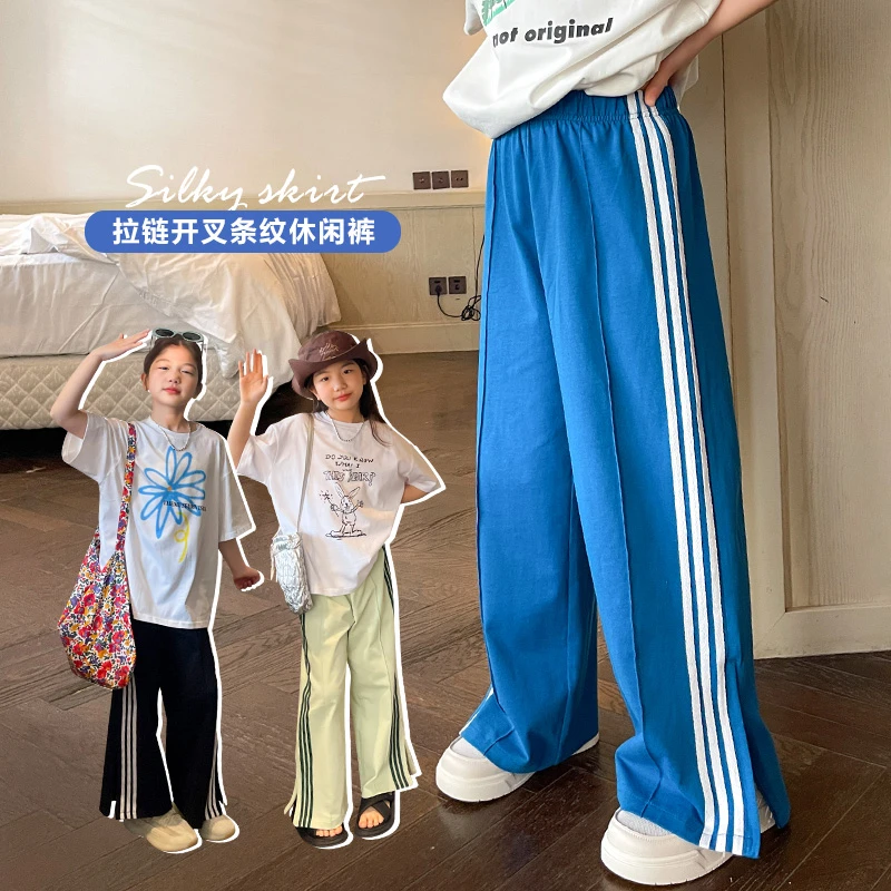 女童工装裤2023夏季新款中大童韩版拉链条纹开叉通用休闲裤CH876