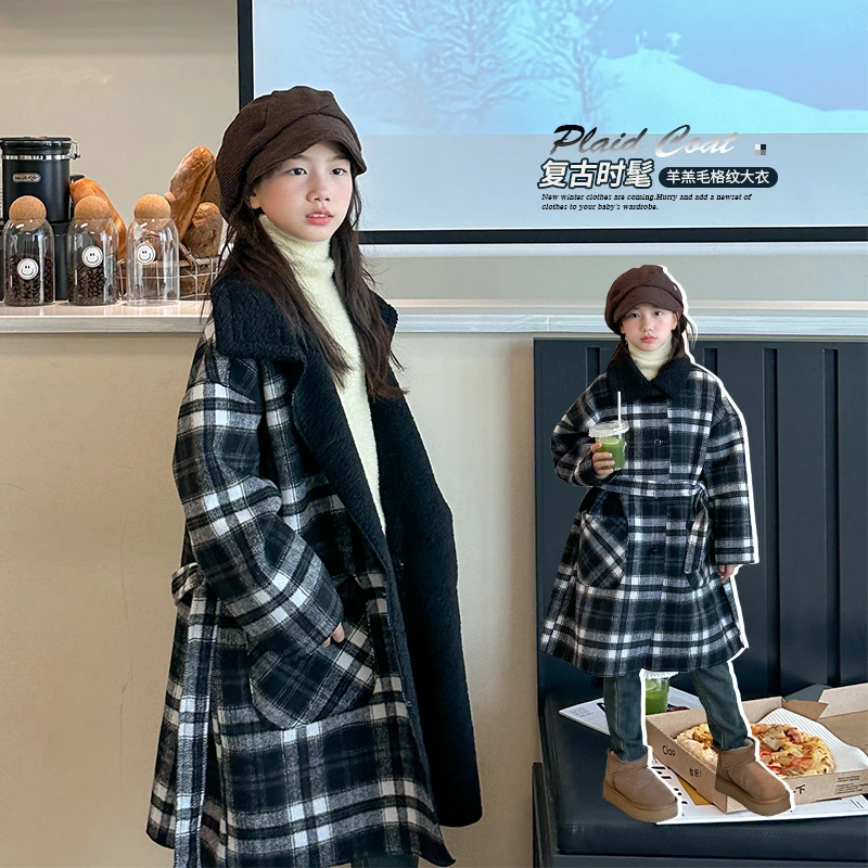 女童外套冬季中大童复古羊羔绒格纹大衣WE987
