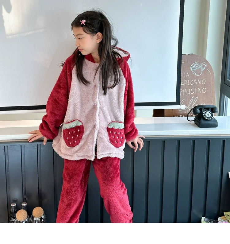 女童家居服睡衣秋冬新款中大童软糯双面绒睡袍套装WE925
