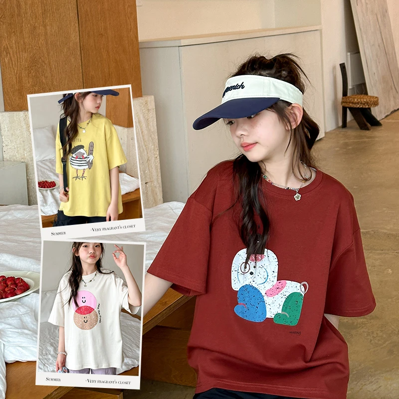 【菲菲家】女童2024夏季新款中大童韩版百搭印花短袖T恤SY381