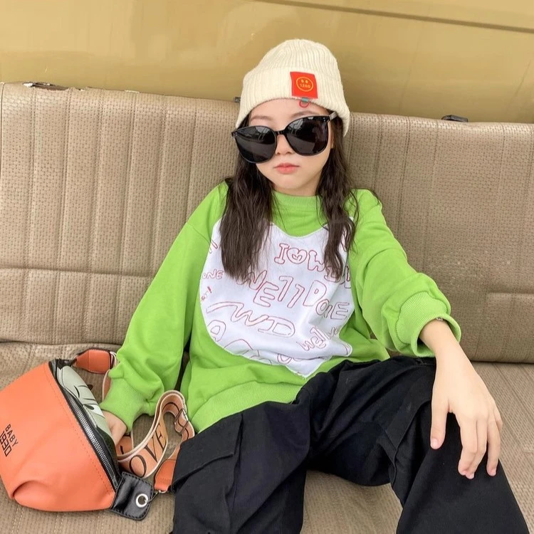 女童卫衣秋装中大童时尚爱心拼接印花童装上衣AF658
