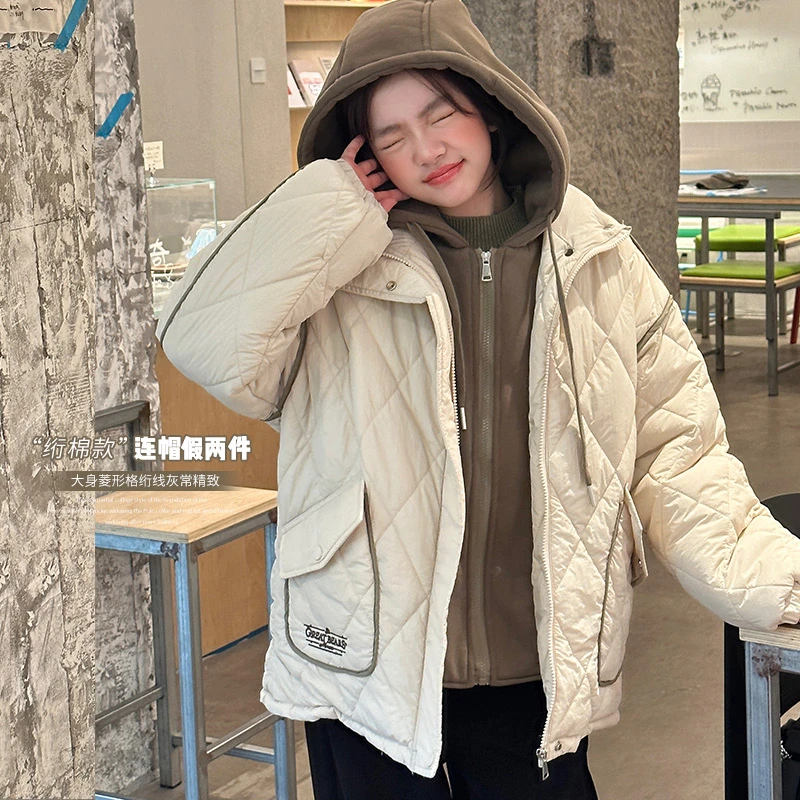 女童棉服外套秋冬假两件拼接2024新款宽松连帽菱格休闲上衣WS238