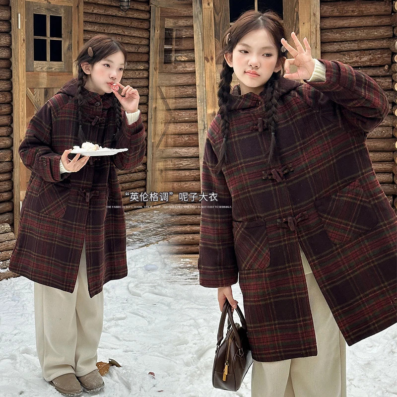 女童呢大衣外套秋冬2024新款中长款洋气格纹气质休闲上衣WS230