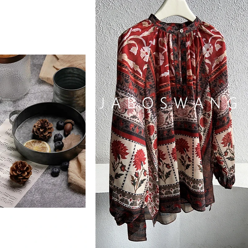 s297 民族风气质长袖秋季新百搭圆领印花编织衬衫宽松度假上衣女