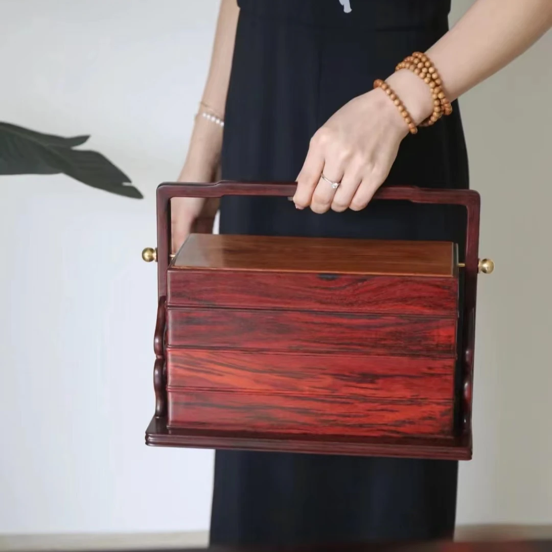 奢侈品印度小叶紫檀全独板嵌海南黄花梨独板面板提篮精品高货食盒