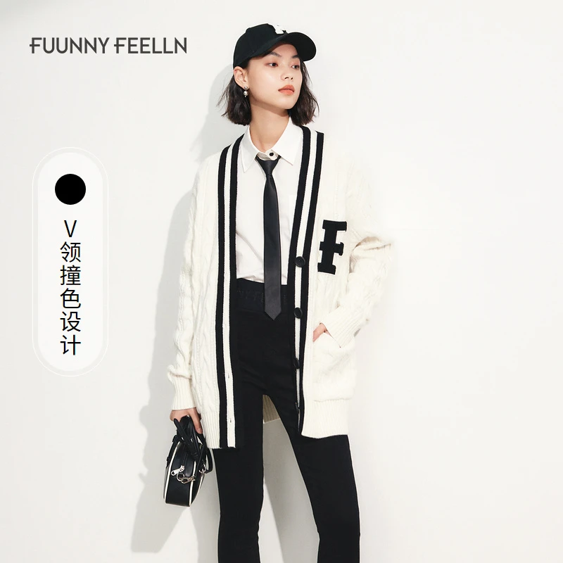 FF||仿佛冬季新款针织衫女v领撞色开衫毛衣宽松FZ01116