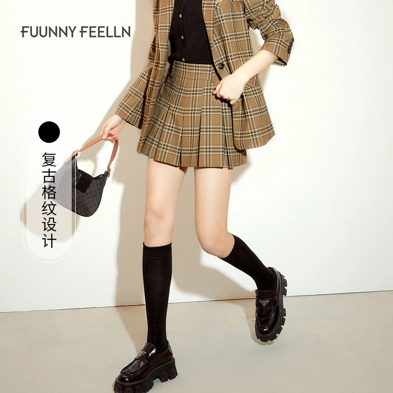 【达人专属】【新品】秋冬半身裙女格纹高腰百褶裙学院风FV00942