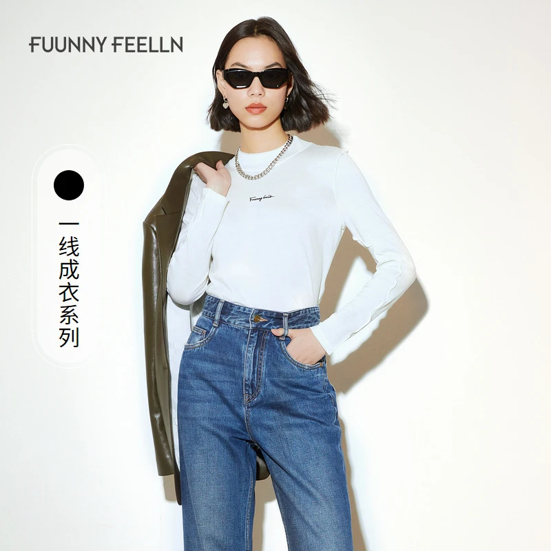 【商场同款新品】羊毛衫秋季上衣圆领混纺薄款简约时尚女牛仔针织衫