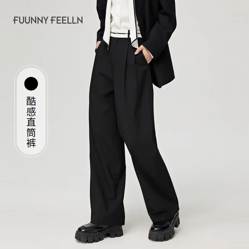 FF仿佛2024年秋季黑色高腰直筒休闲裤女FV01200薄款夏季宽松小个