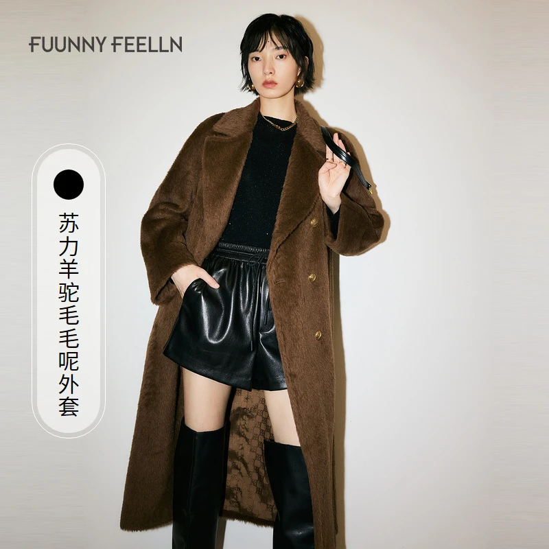 FF秋冬翻驳领气质大衣中长款毛呢羊驼毛双面外套女士宽松皮毛一体