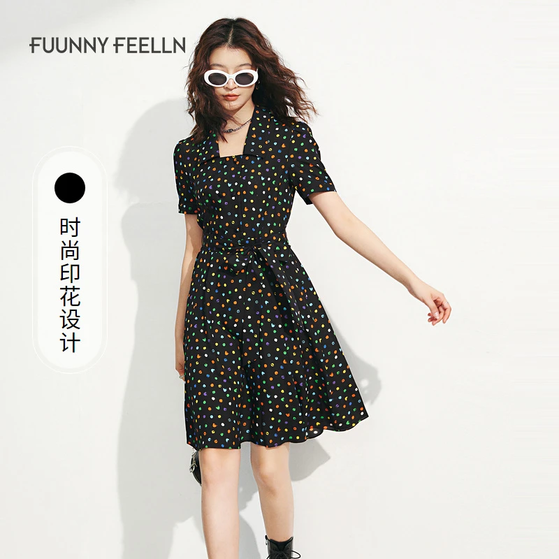 FF||仿佛夏季黑色系带衣服连衣裙印花收腰显瘦优雅复时尚FF01414