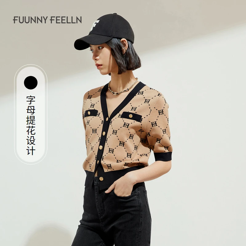 商场同款|FF仿佛V领针织衫女薄款上衣提花开衫FZ00925