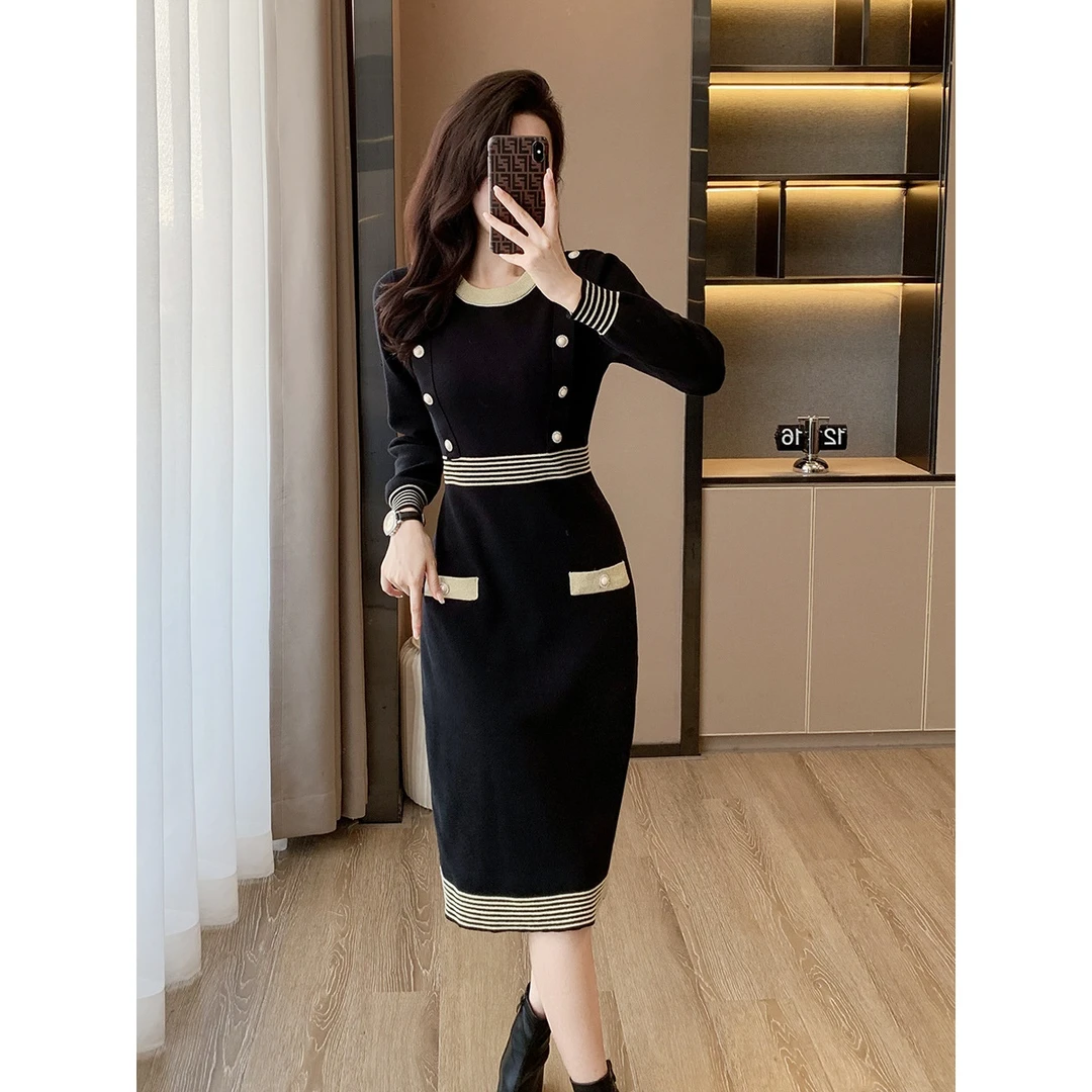 小黑裙黑色长袖高腰毛衣打底针织连衣裙修身包臀裙小香风名媛气质