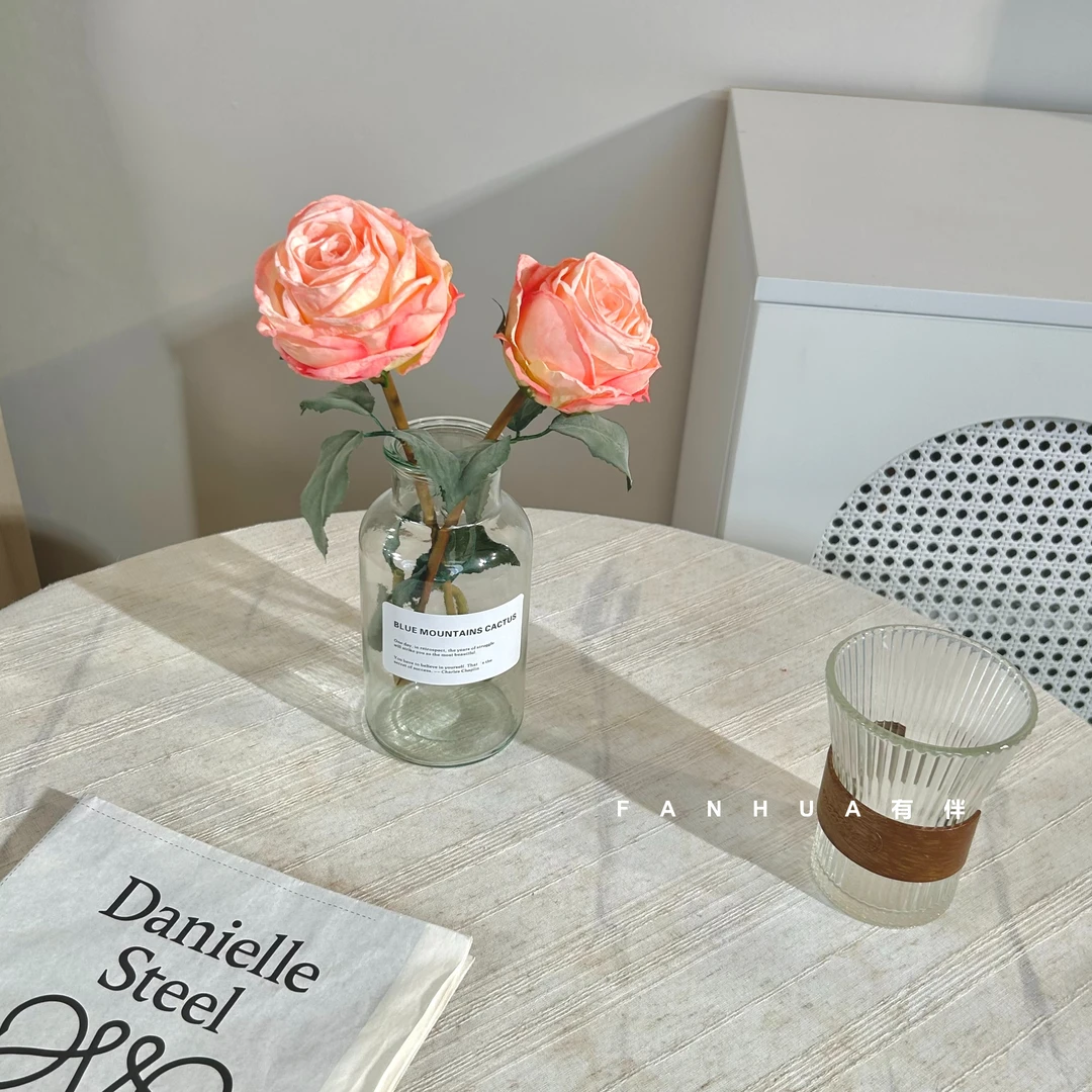 粉色焦边玫瑰仿真花假花高档绢花客厅摆件家居饰品摆件拍照道具