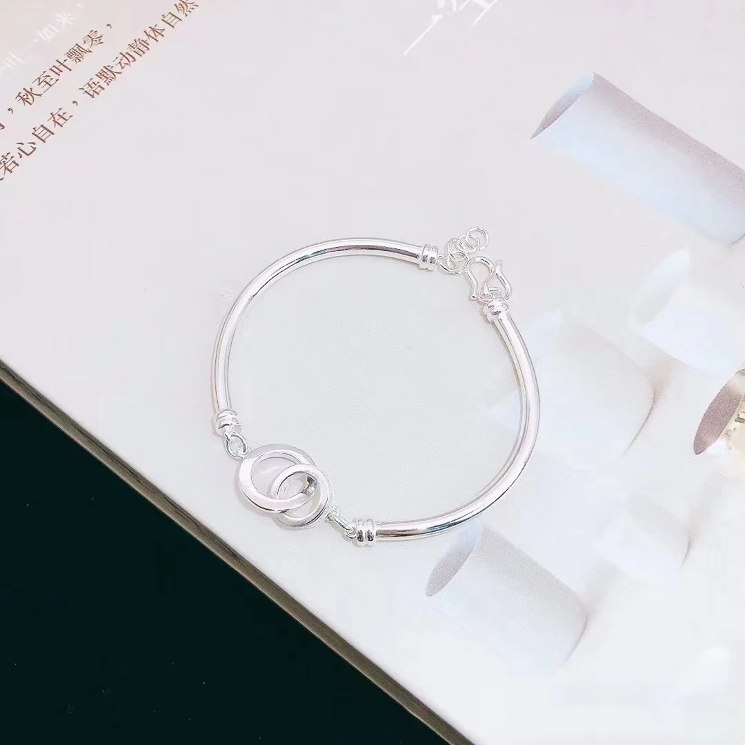 足银手镯 环环相扣 圆管半镯半链手镯