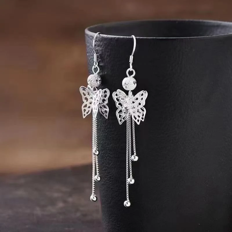 足银耳饰 孤品 双层弯钩蝴蝶耳环