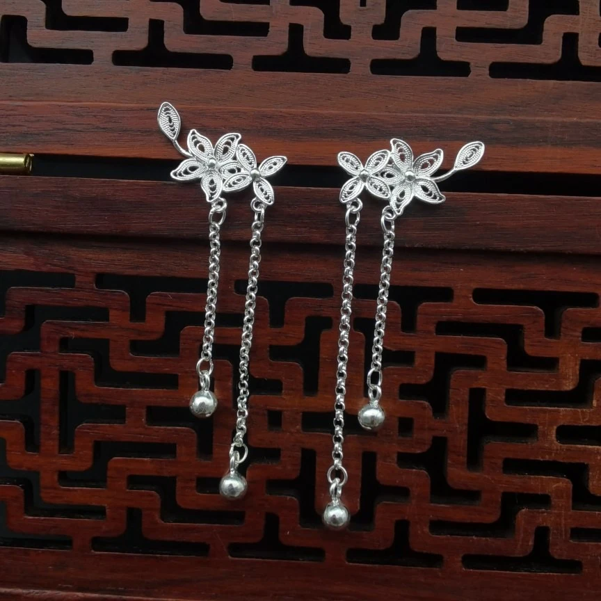 足银耳饰 兰花流苏耳饰