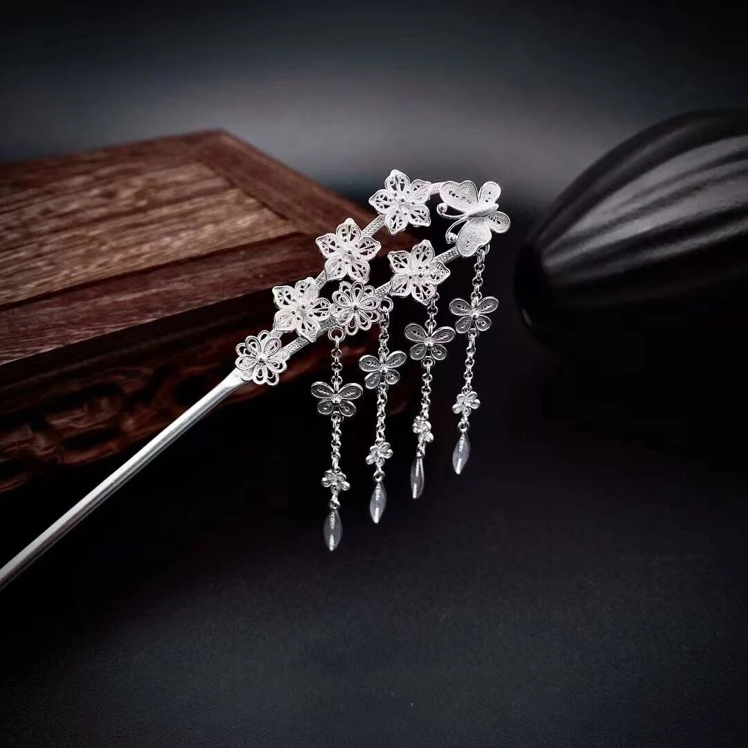 足银银制品 樱花 蝴蝶 发簪