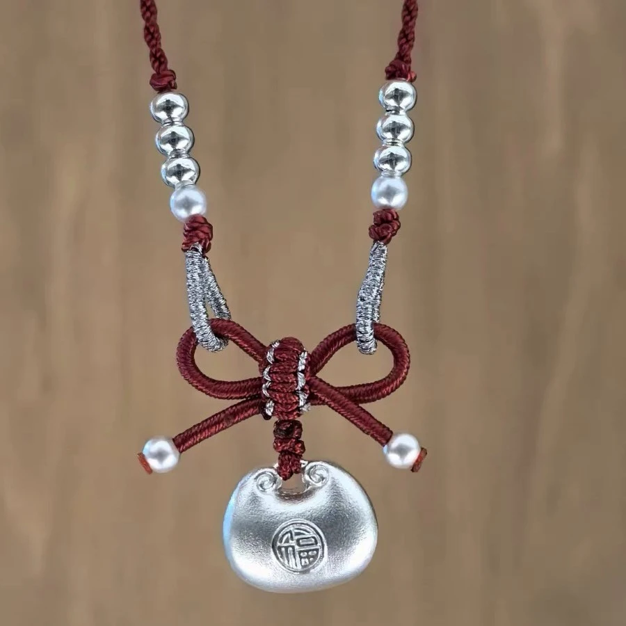 吊坠足银 足银【在逃公主小胖福】 手工银珠编绳秤砣纯银锁骨链