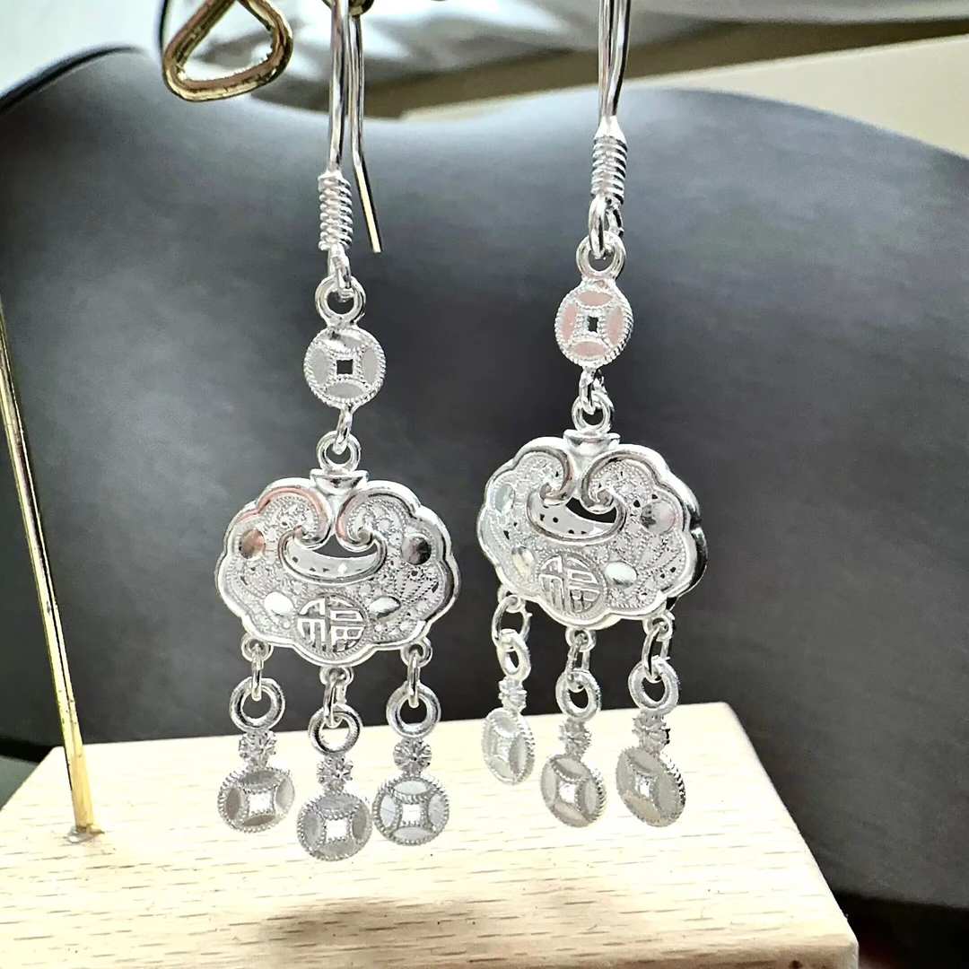 足银耳饰 平安锁耳环