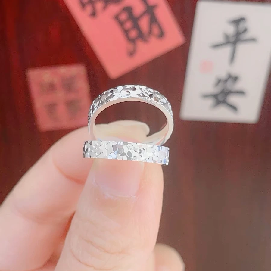 足银戒指 碎冰冰戒指 手工锤纹银戒指男女款情侣开口