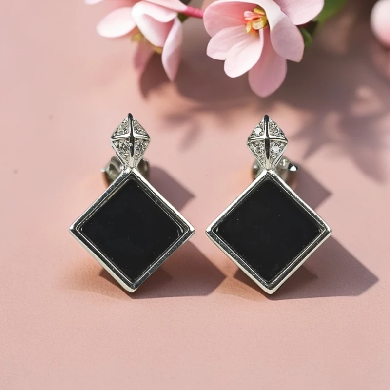 墨翠A货s925银镶天然墨翠耳坠设计师方块黑色菱形时尚轻奢气质