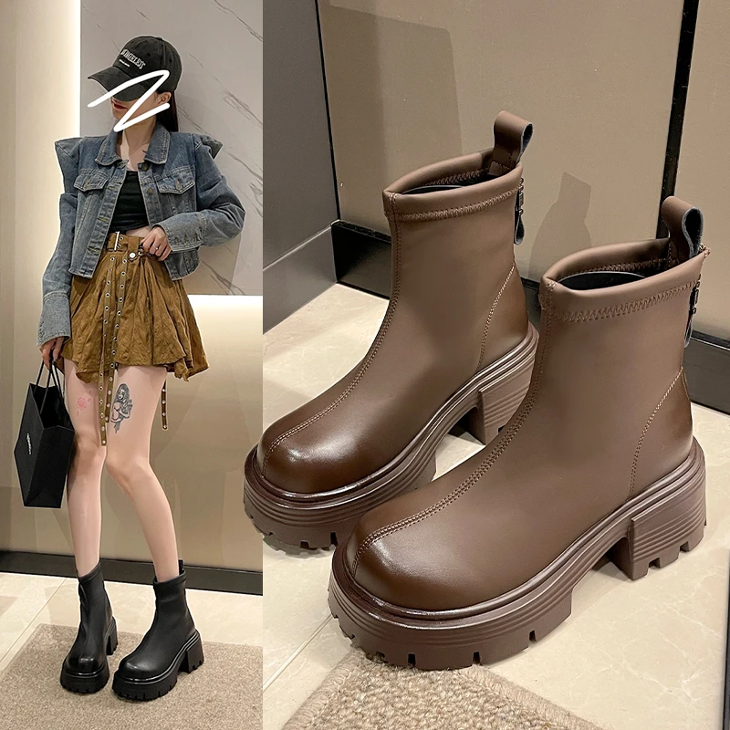 欧货真软皮小个子加绒马丁靴女2023冬新款厚底增高瘦瘦靴粗跟短靴