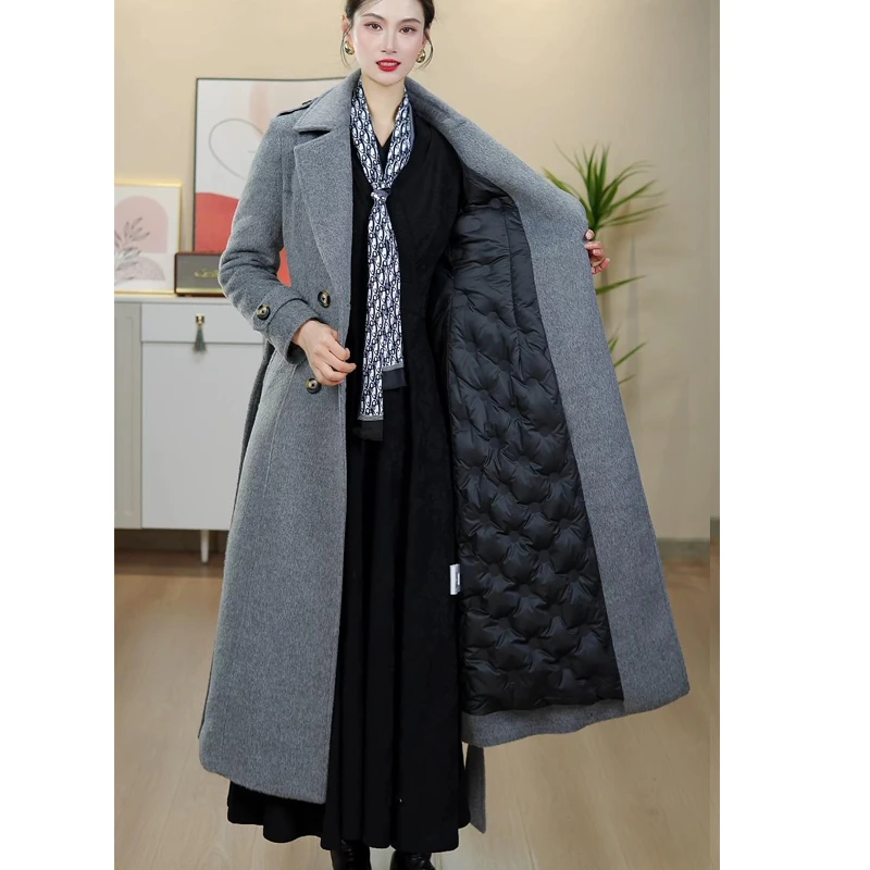 保暖羽绒服显瘦长款过膝毛呢大衣加厚女装90白鸭绒过膝冬呢子外套