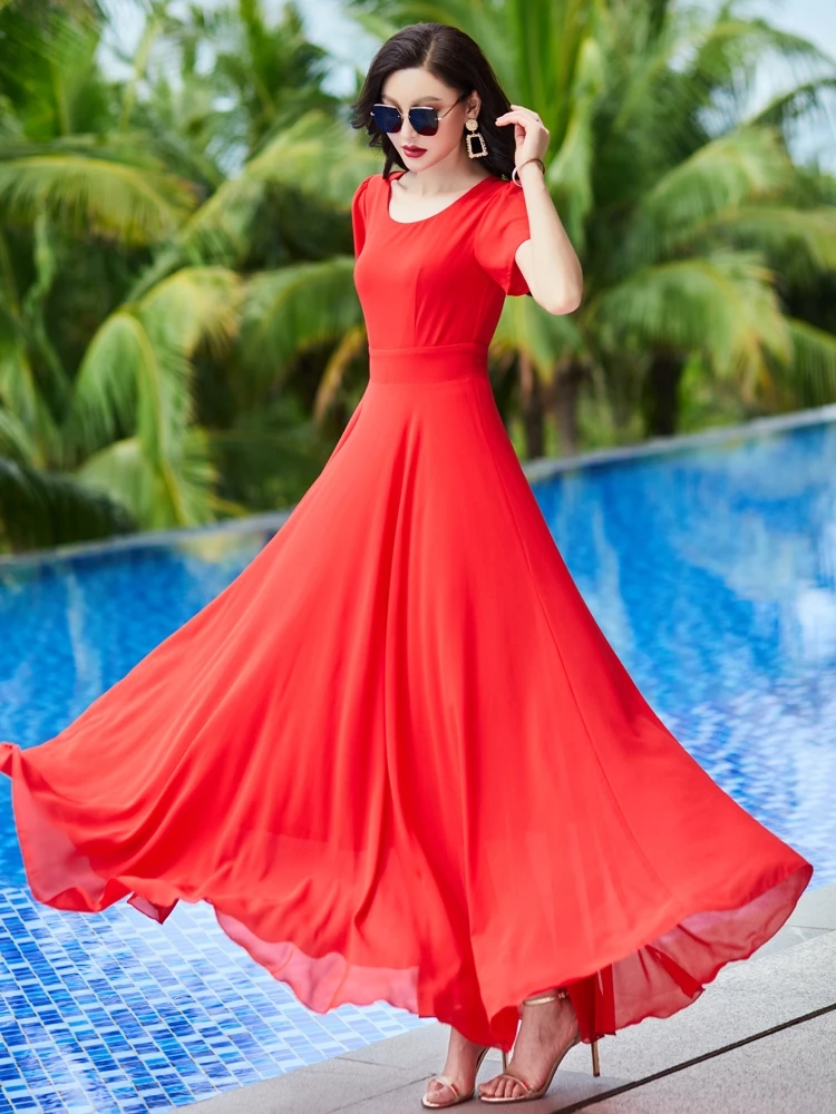 2021夏新款仙气雪纺连衣裙女装超长裙显瘦红色沙滩裙海边度假裙子