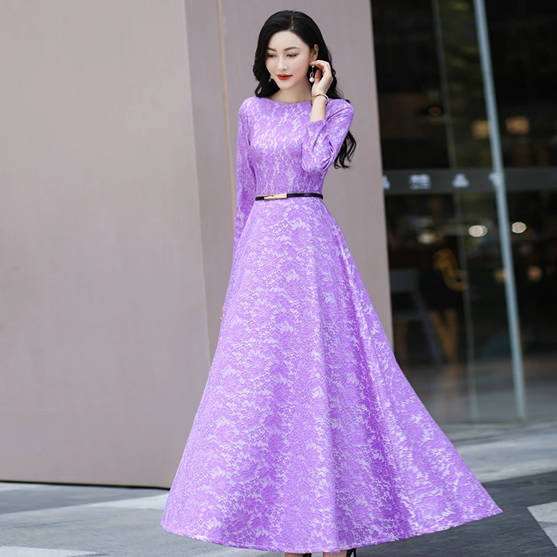 春秋长袖连衣裙女长款到脚踝2022年新款秋季气质显瘦蕾丝超长裙子