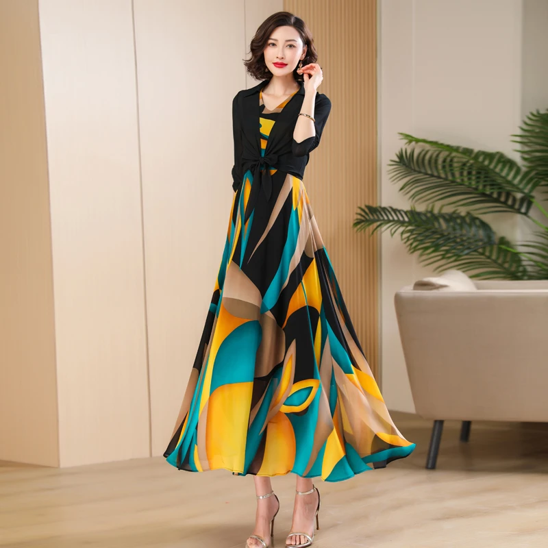 连衣裙气质显瘦长款大摆2023两件套印花雪纺收腰修身时尚裙子衬衫