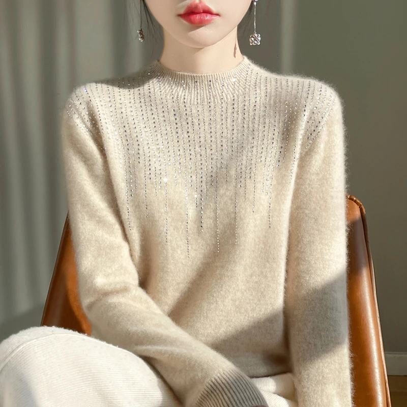 气质感！春季新款半高领时尚款镶钻100%羊毛衫女长袖百搭针织衫